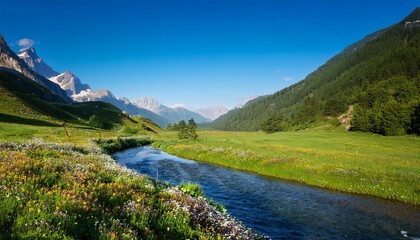 Obraz premium Lush Green Valley With a Slow-Moving River Winding Through Flower-Filled Meadows, Beneath Towering Mountains and Clear Blue Skies, in a Tranquil Morning Light