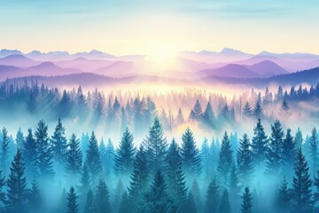 Obraz premium A serene landscape featuring misty mountains and evergreen trees at sunrise, creating a tranquil and picturesque natural scene.