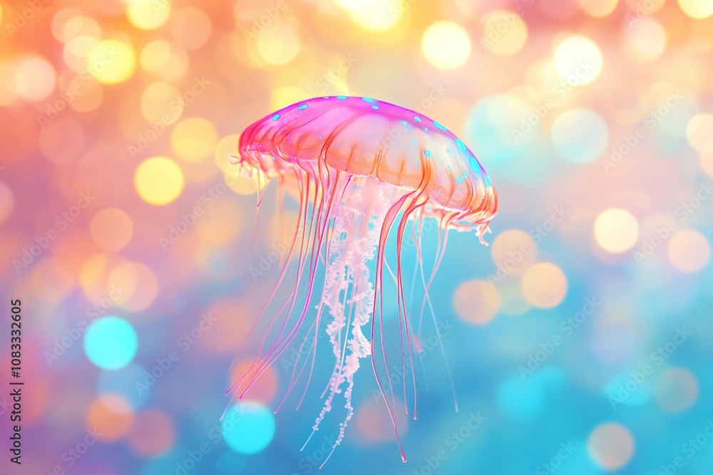 Poster a vibrant pink jellyfish with long trailing tentacles floats against a shimmering bokeh background.