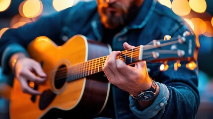 Fototapeta premium faith passion glow belief concept. Man playing acoustic guitar in a cozy evening atmosphere.