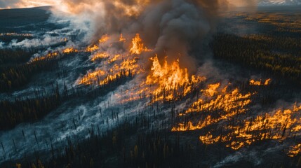An epic aerial perspective of a massive wildfire raging through the boreal forests of Alaska, Alaska wildfire scene, Epic style