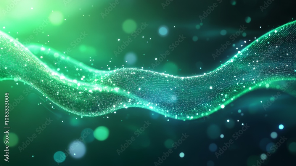 Poster abstract visual representation of green light waves with sparkles, creating a dreamy and ethereal at
