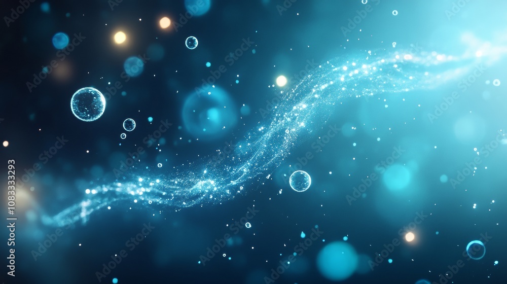 Poster ethereal blue abstract background featuring glowing particles and floating bubbles with a dreamy and