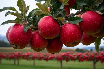 Obraz premium Apple tree laden with bright red apples, set against a clear sky in an orchard