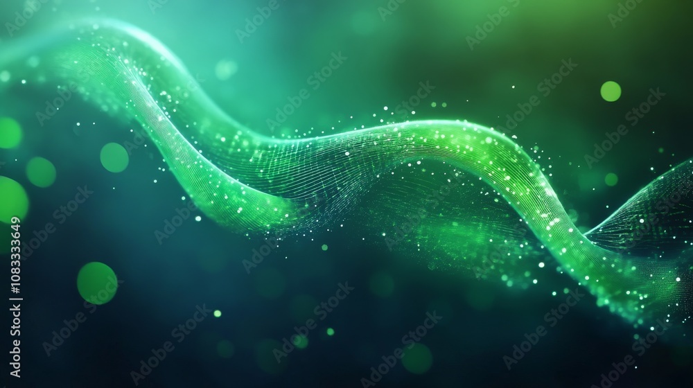 Poster abstract flowing green wave with sparkles and light effects for background use in designs, presentat