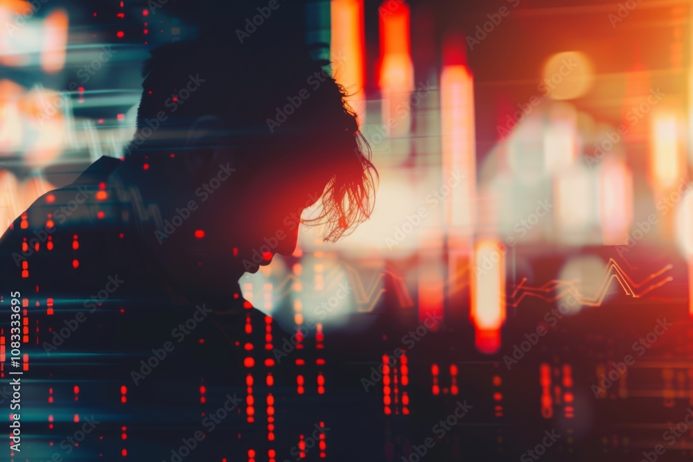 Poster depressed trader contemplating financial losses amidst stock market trend analysis and data visualiz