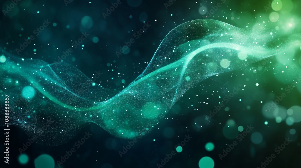 Poster ethereal green waves of light with glowing particles in a dark background creating a mystical and dr