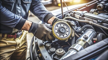 Fototapeta premium Mechanic Wearing Gloves Holding Car Part Over Open Hood