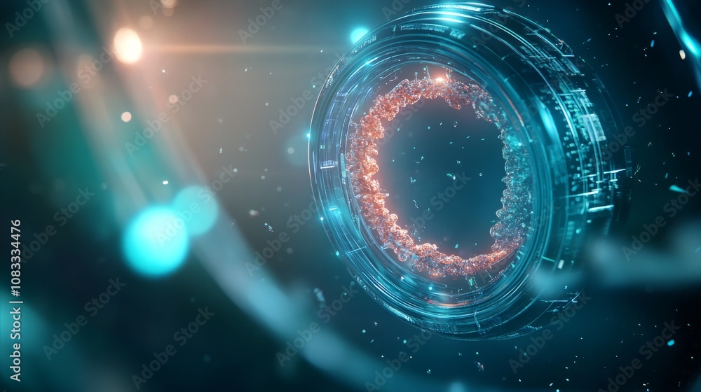 Poster futuristic abstract design featuring a circular shape and floating particles in a high-tech environm