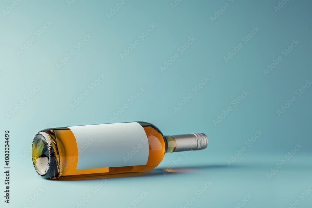 Poster empty bottle of wine with blank label on a soft blue background, accentuating minimalism and tranqui