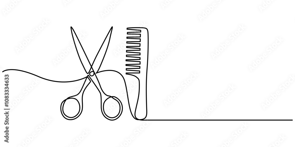 Poster scissor and comb continuous one line drawing vector illustration. pro vector, scissors and comb busi