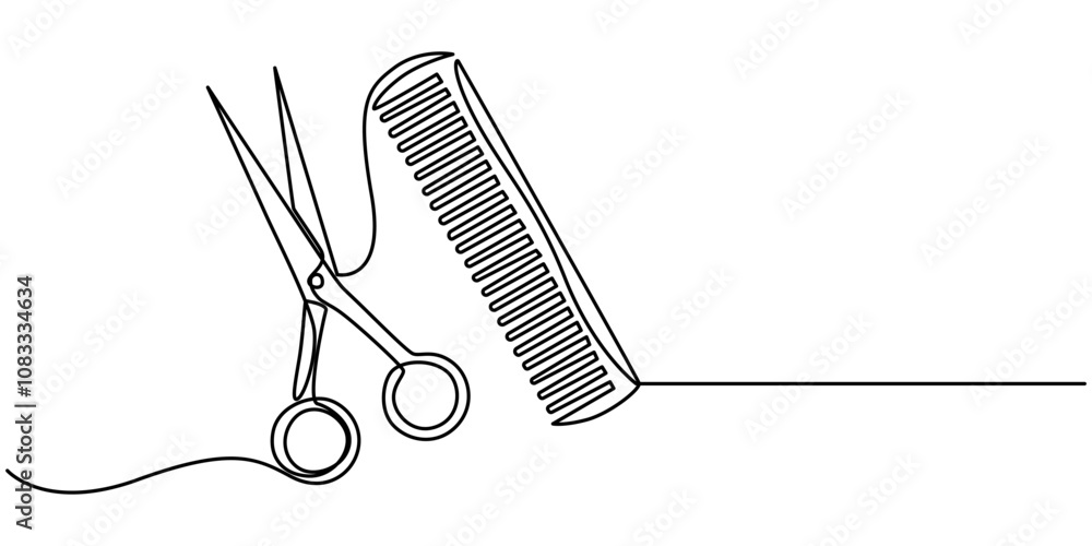 Poster scissor and comb continuous one line drawing vector illustration. pro vector, scissors and comb busi