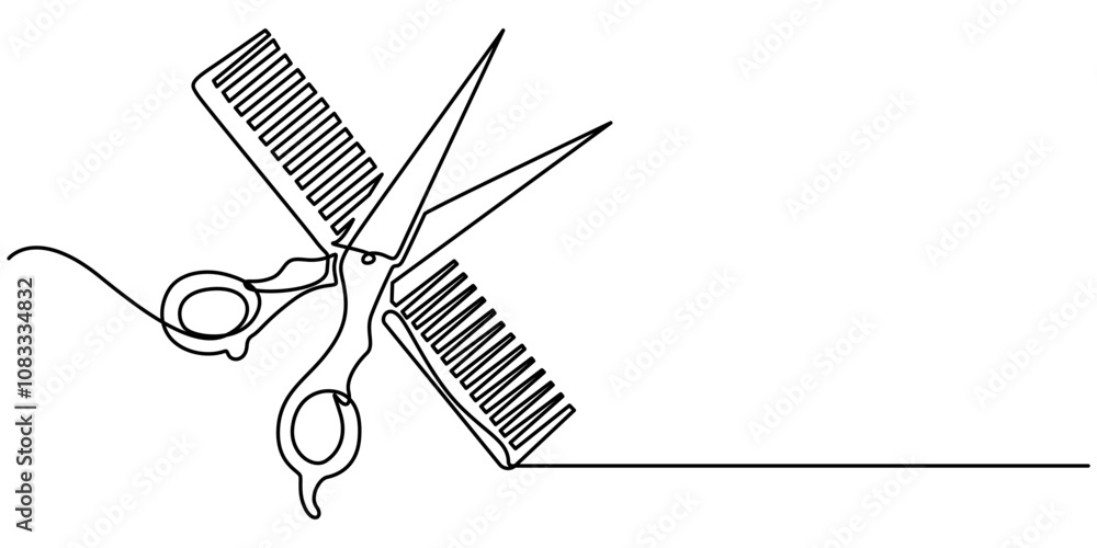 Poster scissor and comb continuous one line drawing vector illustration. pro vector, scissors and comb busi