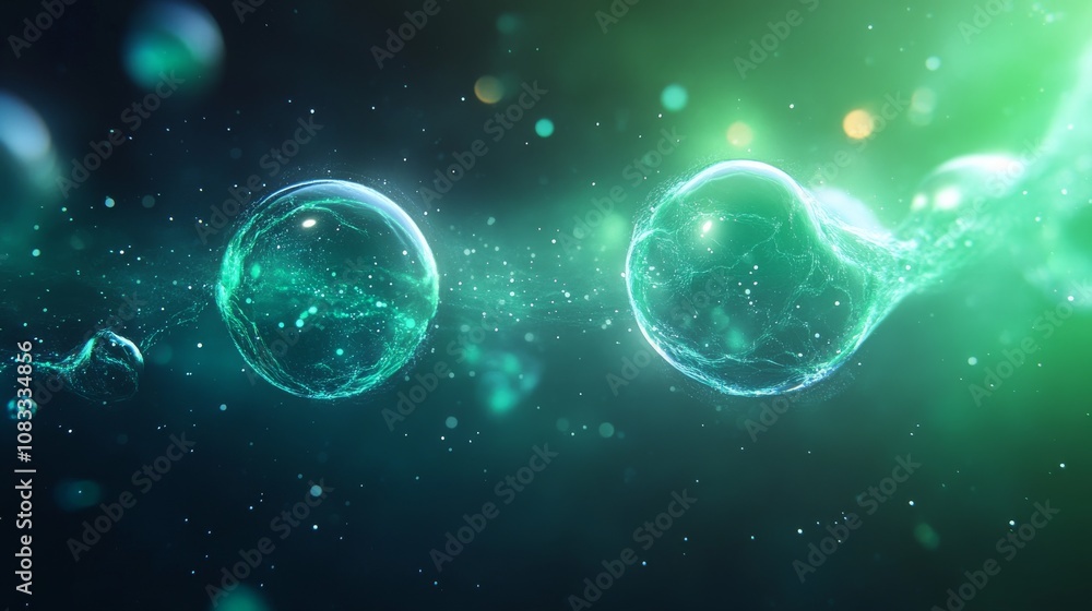 Poster abstract glowing bubbles in a vibrant cosmic space with ethereal light effects, representing the int