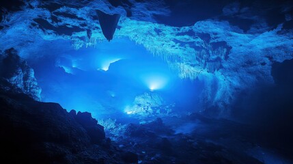 Fototapeta premium An ethereal photograph of bioluminescent caves deep underground, Bioluminescent cave scene, Ethereal style