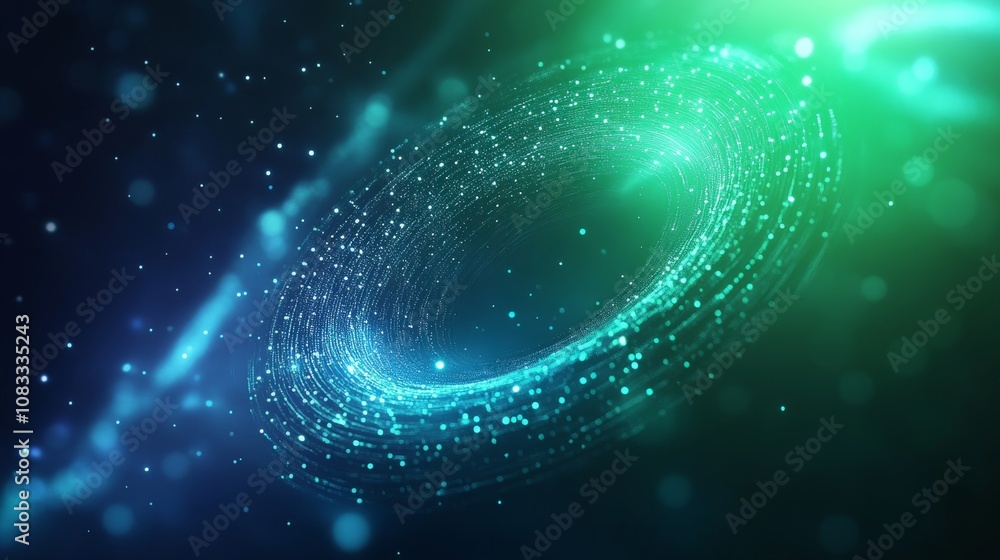 Poster abstract cosmic background with swirling particles and glowing lights in a deep space setting, perfe