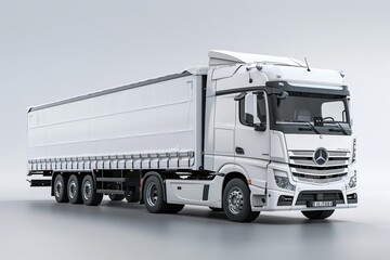 White freight truck with a long trailer parked indoors under bright lights in a spacious warehouse area. Generative AI