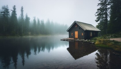 Obraz premium Cabin on the lake in fog forest