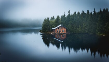 Obraz premium Cabin on the lake in fog forest