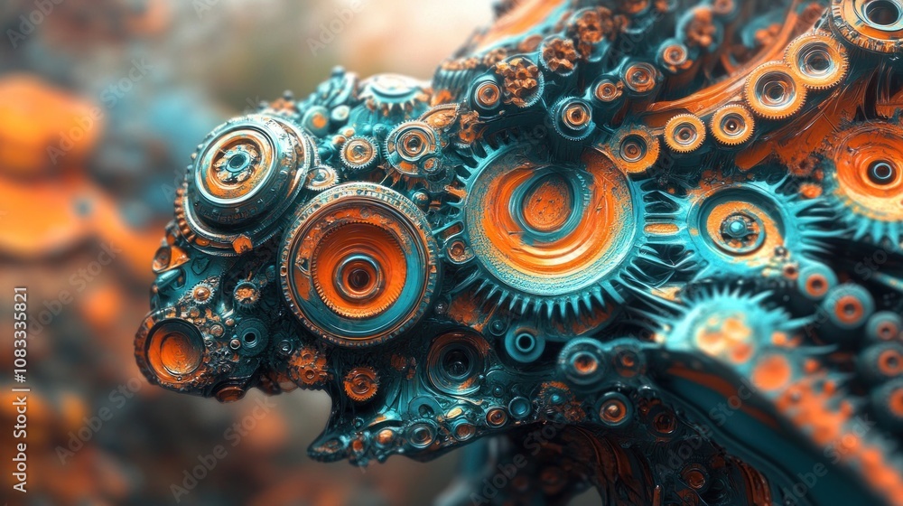 Poster a vibrant, intricate abstract representation resembling a creature made of gears and textures.