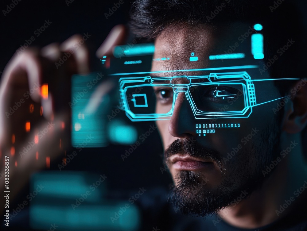 Poster futuristic financial advisor analyzing data virtual office digital interaction high-tech environment