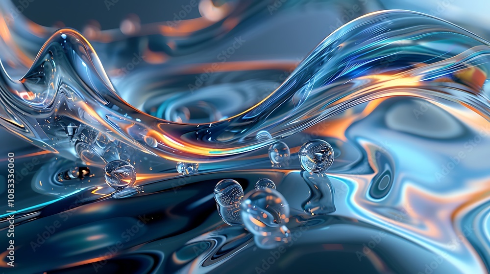 Poster abstract image of a liquid surface with waves and drops, rendered in a 3d style with glossy and irid