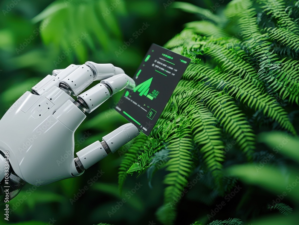 Aufkleber modern financial advisor analyzing data with ai tools in a lush green environment