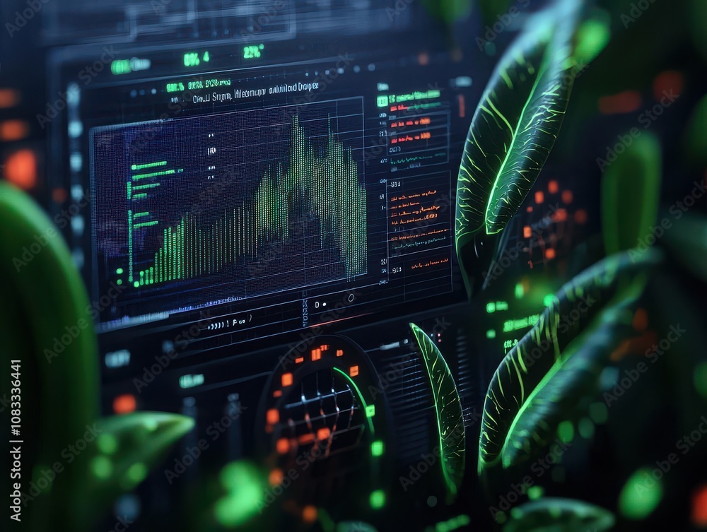Poster modern financial advisor analyzing data with ai tools futuristic office digital interface green envi