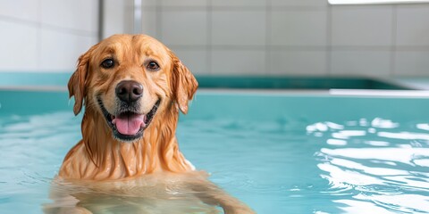 Happy dog swimming in hydrotherapy pool, enjoying water