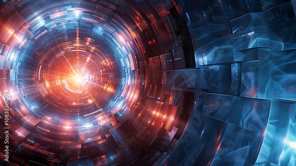Poster abstract digital tunnel with bright lights, creating a futuristic and modern design.
