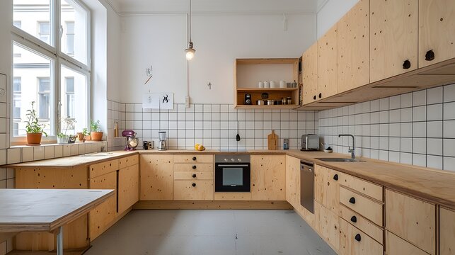 Scandinavian-inspired kitchen with natural wood cabinets and white tile backsplash