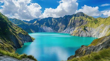 An extraordinary shot of the volcanic crater lake of Mount Pinatubo in the Philippines, with its turquoise waters surrounded by steep, rugged cliffs
