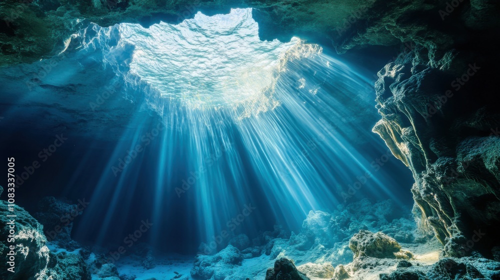 Poster an extraordinary view of an underwater cave illuminated by sunlight streaming through openings, with