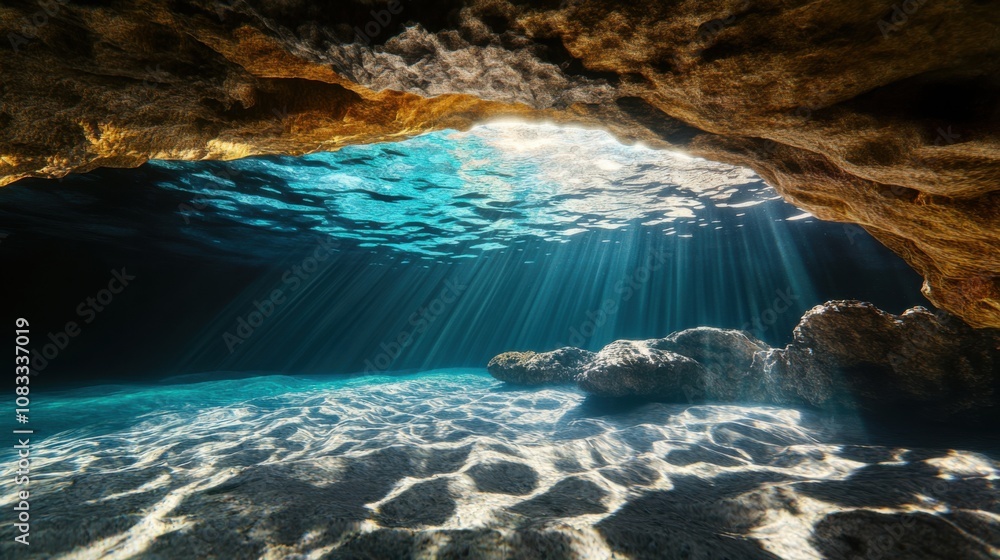 Poster an extraordinary view of an underwater cave illuminated by sunlight streaming through openings, with