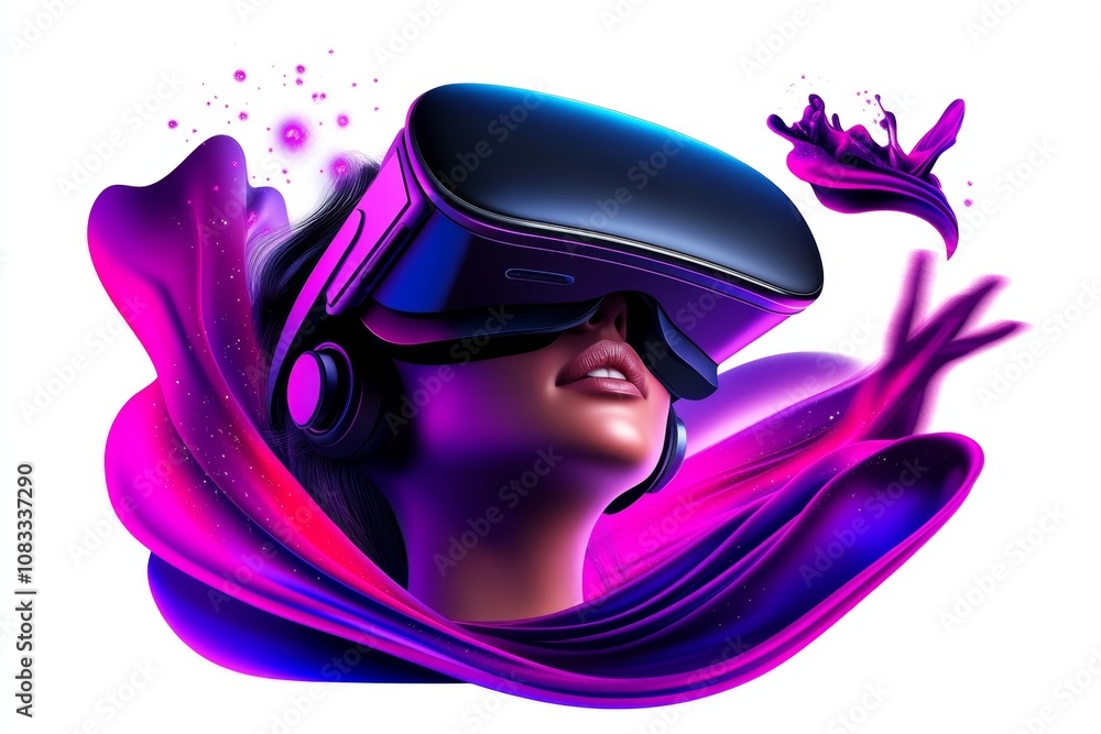 Poster flat 2d illustration of a person using a vr headset, colorful and simple design on a white backgroun