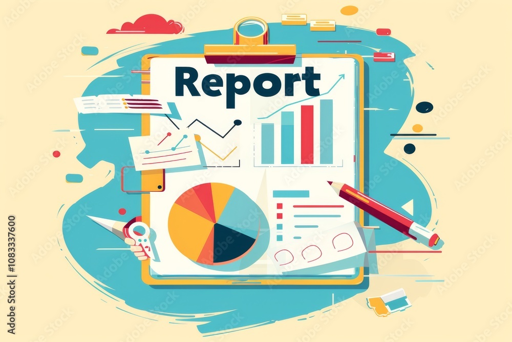 Poster modern flat design illustration of a business report showing graphs, charts, and colorful pie charts