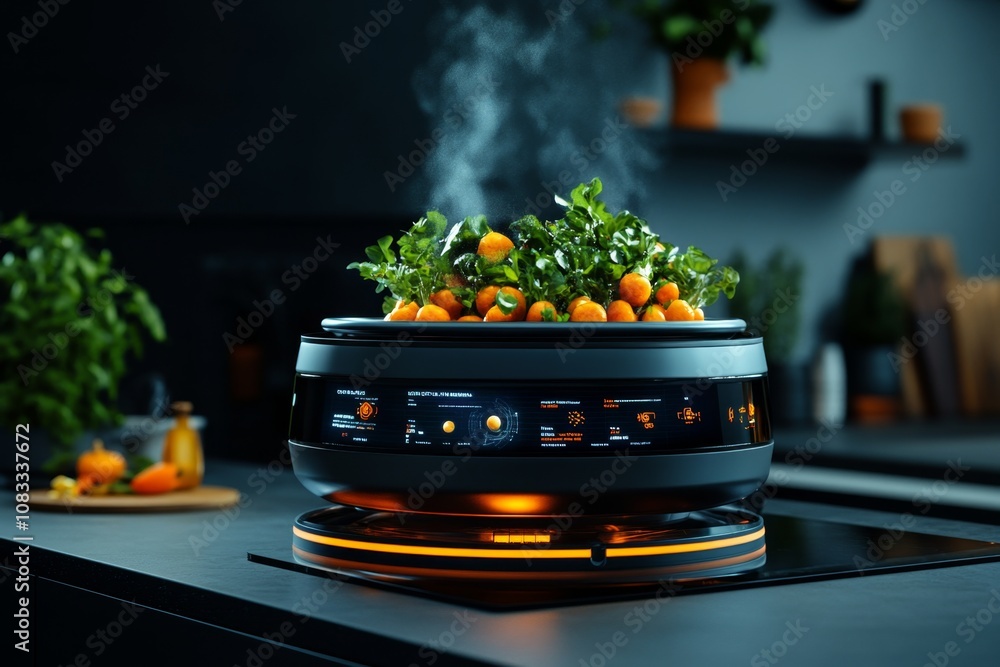 Poster futuristic kitchen scene with high-tech pot and digital display showing parboiling process for veget