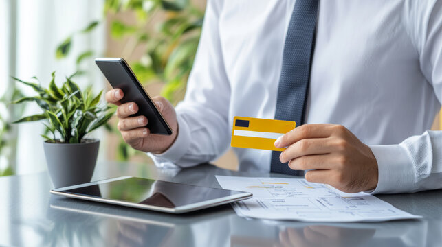 Small business owner checking receipt and purchase order to calculate credit card expenses after starting a new online business using a tablet and mobile phone