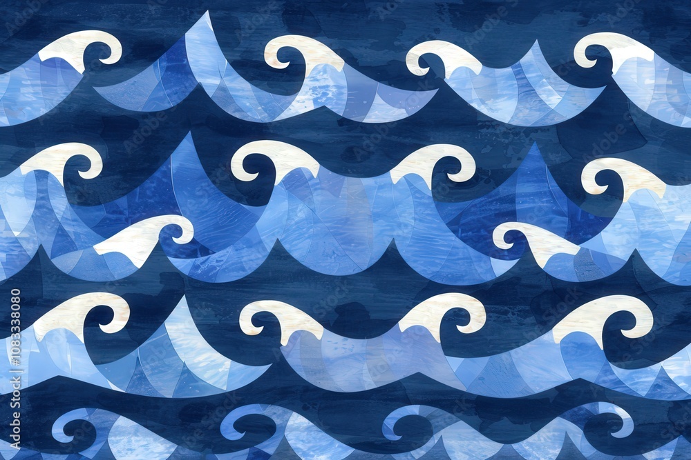 Poster abstract waves pattern in shades of blue, featuring stylized curves and textures, evoking a sense of