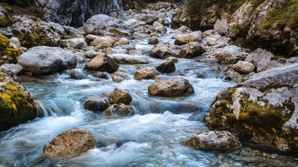 An idyllic view of a crystal-clear mountain stream flowing through a rocky gorge, with moss-covered boulders and dappled sunlight creating a serene atmosphere, Mountain stream scene