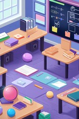 Dynamic learning environment virtual classroom digital art engaging atmosphere aerial view modern education concept