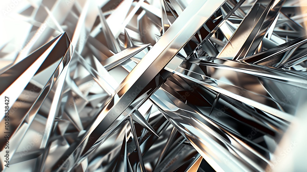 Poster abstract 3d rendering of geometric shapes, showcasing the metallic texture and sharp angles.