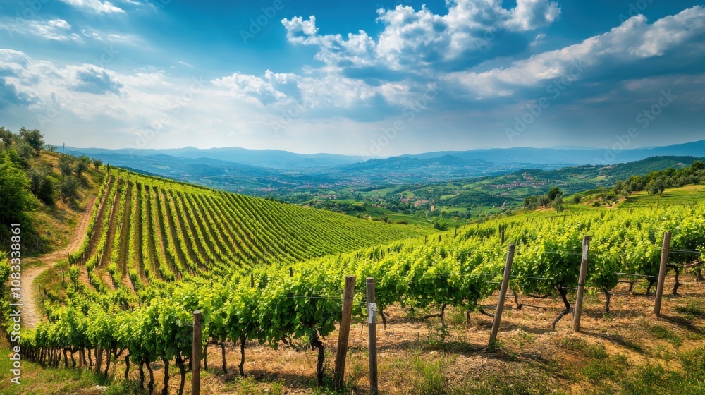 Poster an idyllic view of a terraced vineyard on a hillside, with rows of grapevines leading down to a sere