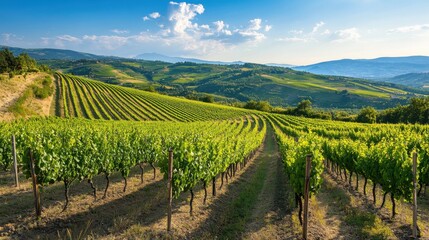 Obraz premium An idyllic view of a terraced vineyard on a hillside, with rows of grapevines leading down to a serene valley under a blue sky, Vineyard terrace scene