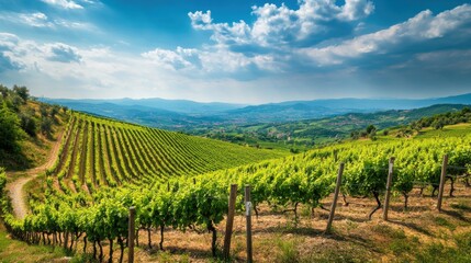 Fototapeta premium An idyllic view of a terraced vineyard on a hillside, with rows of grapevines leading down to a serene valley under a blue sky, Vineyard terrace scene