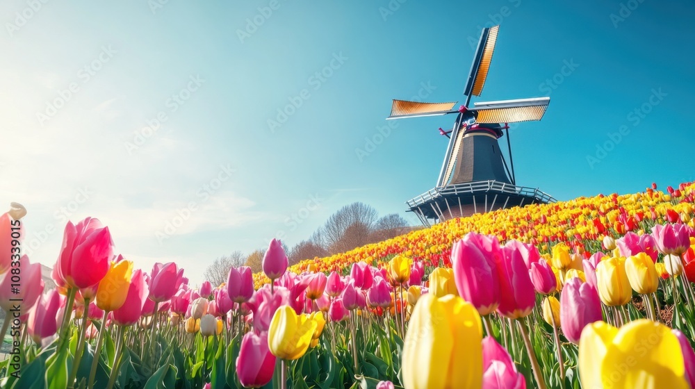 Poster an idyllic view of a traditional windmill on a hilltop, surrounded by colorful tulip fields in full 