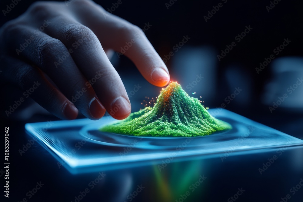Aufkleber high-tech holographic display showing the admixing of virtual substances with neon-colored particles