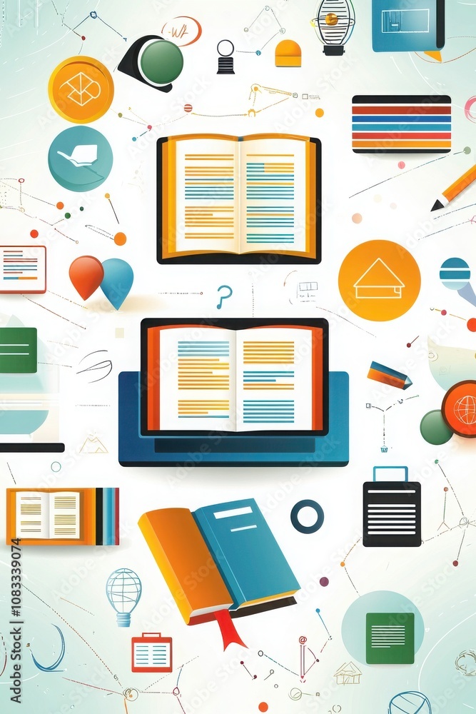Poster online study tools digital workspace educational graphics modern design top-down view learning conce