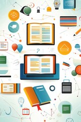 Online study tools digital workspace educational graphics modern design top-down view learning concept