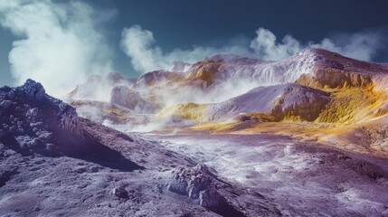 An infrared photograph of a volcanic landscape with steaming vents and colorful mineral deposits, Volcanic scene, Infrared style